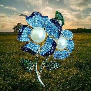 Elegant Blue and Green Floral Brooch